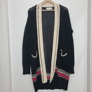 John And Jenn Medium Long Cardigan Black Knit Colorful Stripes Boho Anthropology
